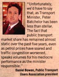 The fact that public transport market share has remained almost static over the past five years, even as petrol prices have soared and traffic congestion worsened, speaks volumes for his [Peter Batchelor's] mediocre performance as the minister responsible.