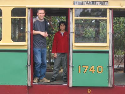 Daniel and Isaac on board an R class tram