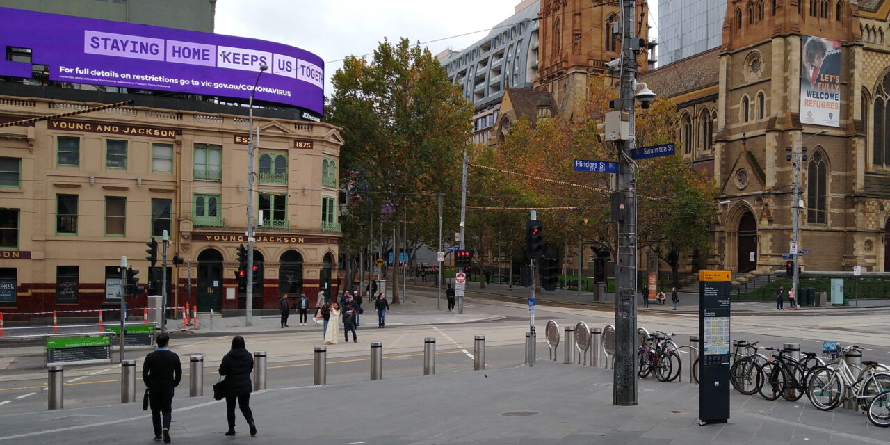Swanston and Flinders Street intersection in May 2020 during COVID-19