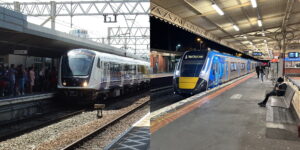 London Elizabeth Line train and Melbourne Evolution HCMT train