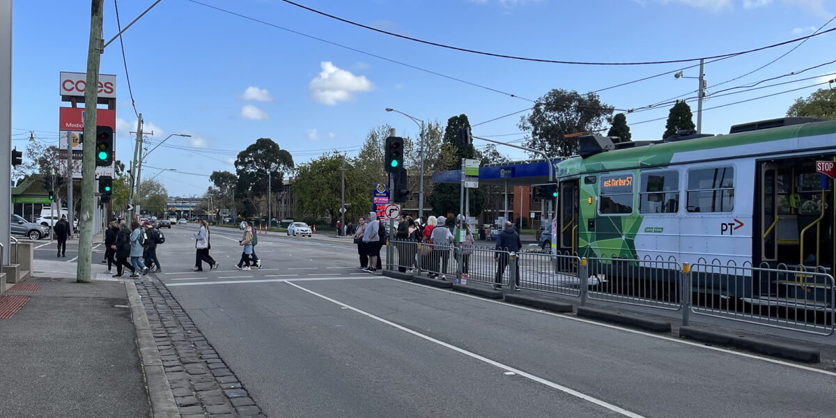 Passengers alighting a tram for the Royal Melbourne Show