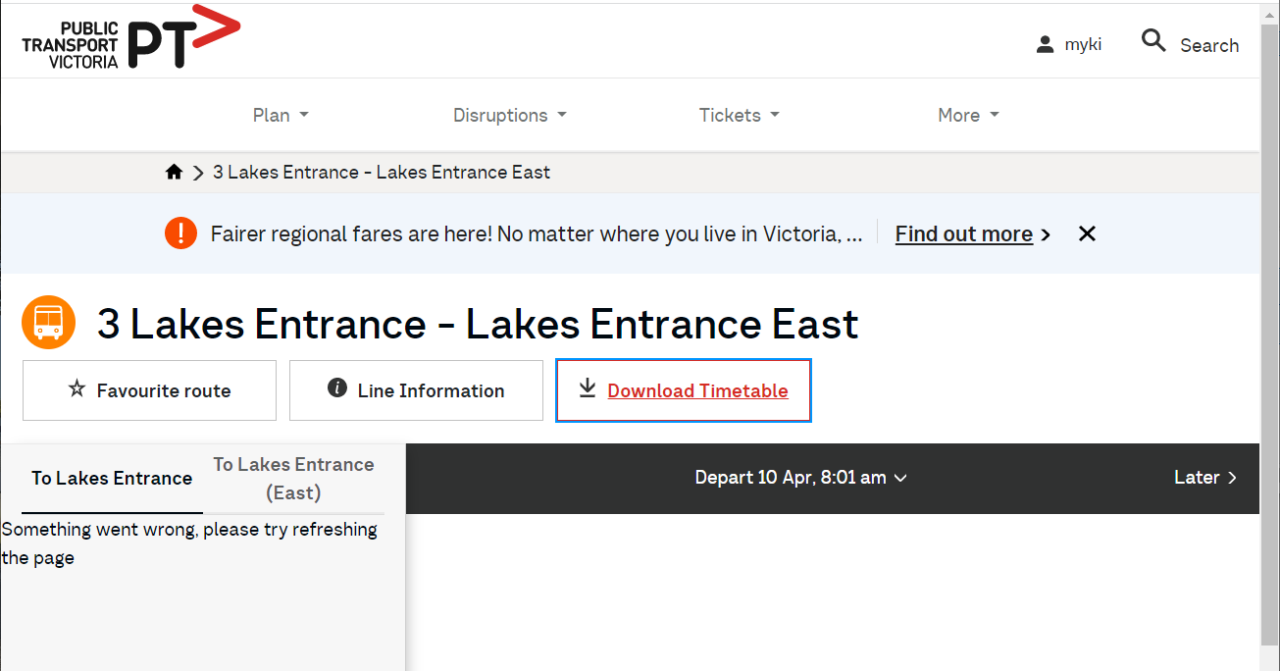 PTV web site, trying to display timetable for route 3 Lakes Entrance - Lakes Entrance East. Error displayed: Something went wrong, please try refreshing the page