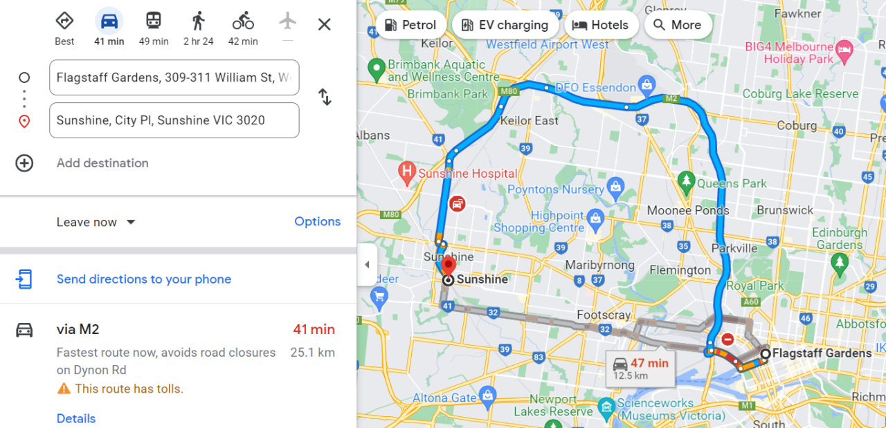 Google Maps showing quickest journey by road from Flagstaff to Sunshine in evening peak