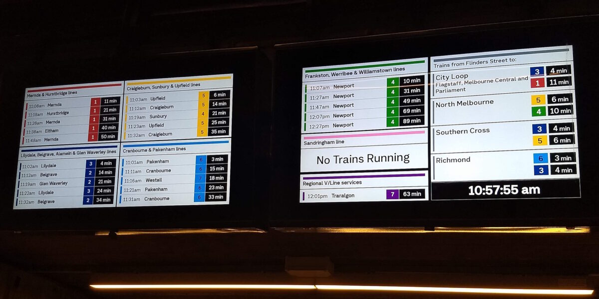 Screens showing departures from Flinders Street station