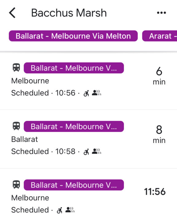 Google Maps showing real time V/Line departure information