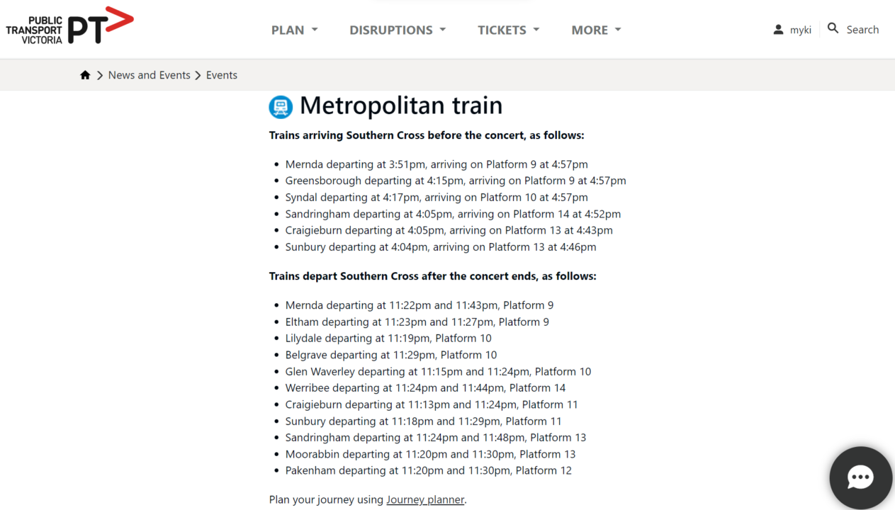 PTV notice of extra trains for the Paul McCartney concert