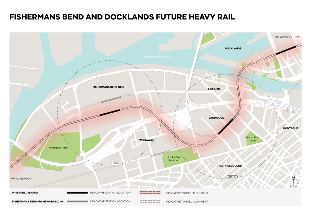 Map: Future train route and station locations for Fishermans Bend and Docklands