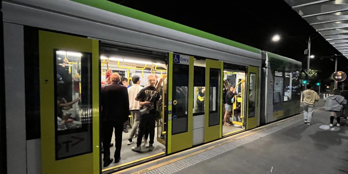 Tram at a platform stop