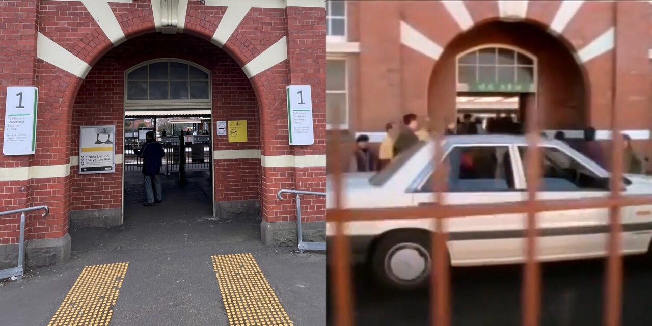 Caulfield station platform 1 entrance, seen in 2024 and 1989 on Mission Impossible