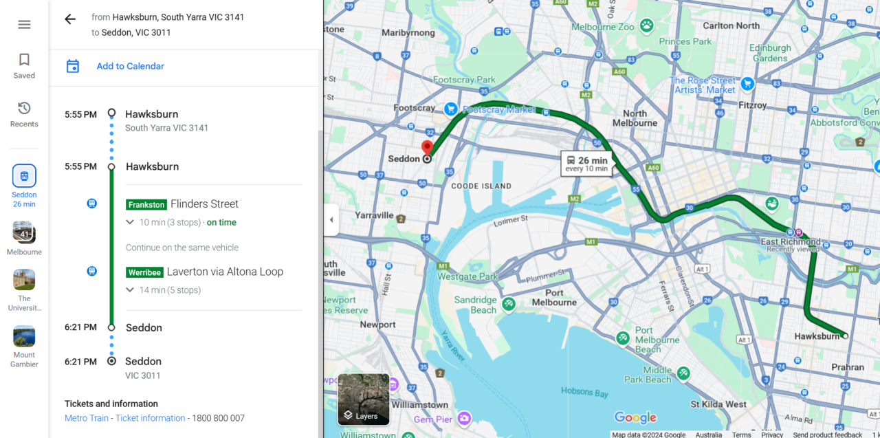 Google Maps showing a planned trip from the Frankston line to the Werribee line without changing trains