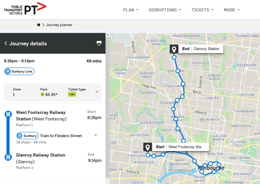 PTV journey planner showing a trip from the Sunbury line to the Craigieburn line with no change of trains