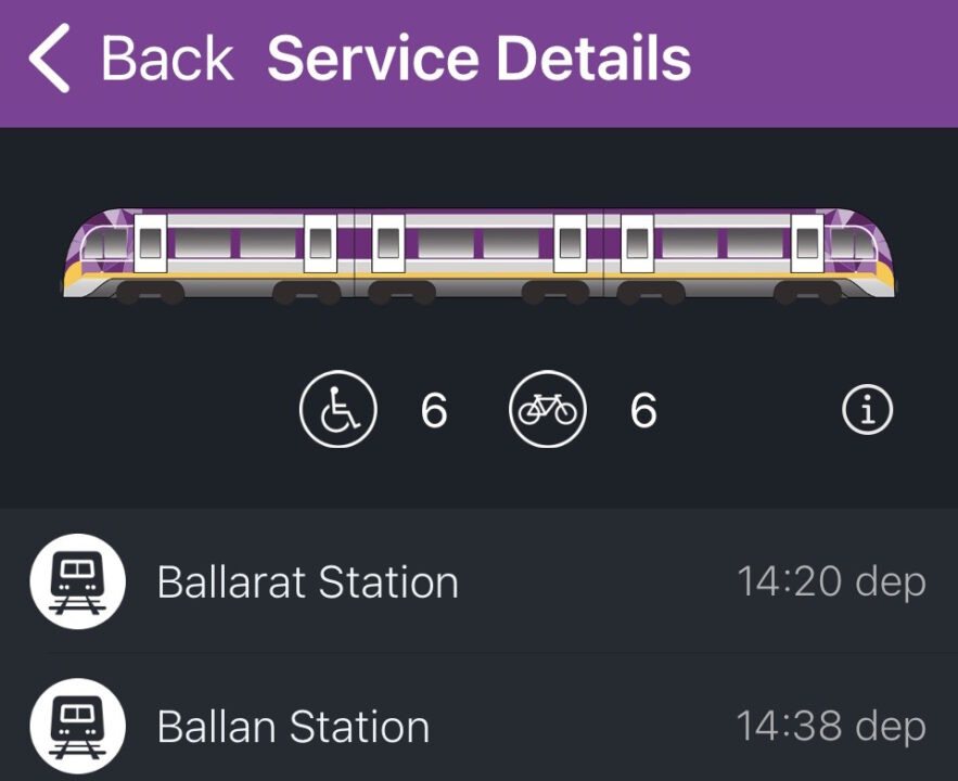 V/Line app showing 14:20 service from Ballarat to Melbourne