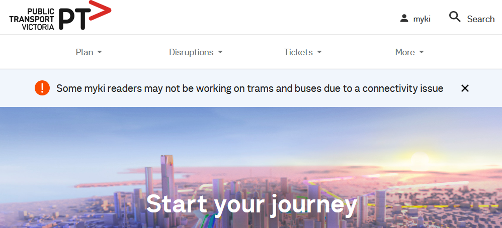 PTV banner: Some myki readers may not be working on trams and buses due to a connectivity issue