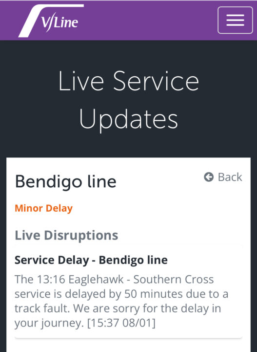 V/Line alert: Bendigo line - service delay. The 13:16 Eaglehawk - Southern Cross service is delayed by 50 minutes due to a track fault.