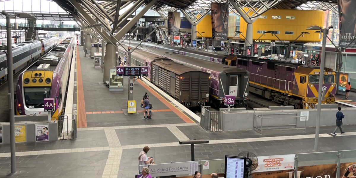 V/Line VLocity and loco hauled N set trains at Southern Cross