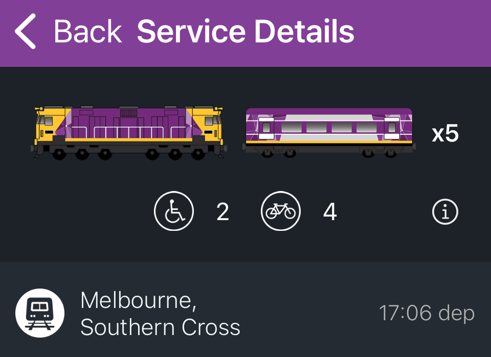 V/Line app showing train consist of locomotive plus 5 cars