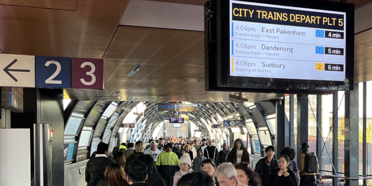 Passengers at Footscray during a test of the Metro tunnel