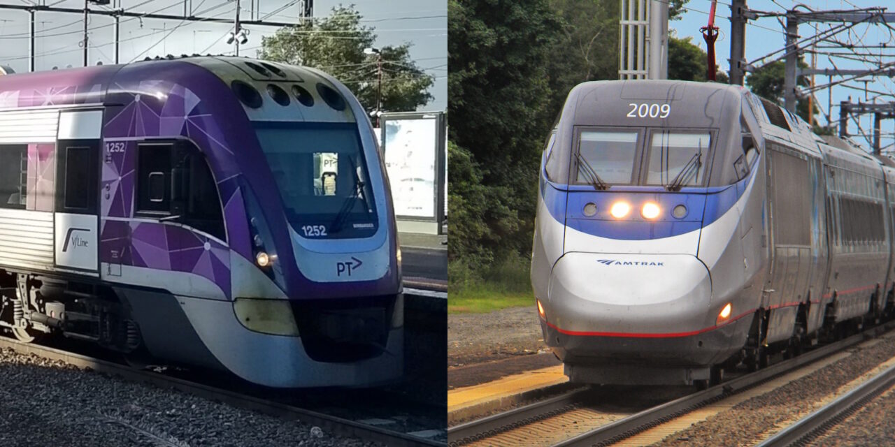 V/Line VLocity train and Amtrak Acela train