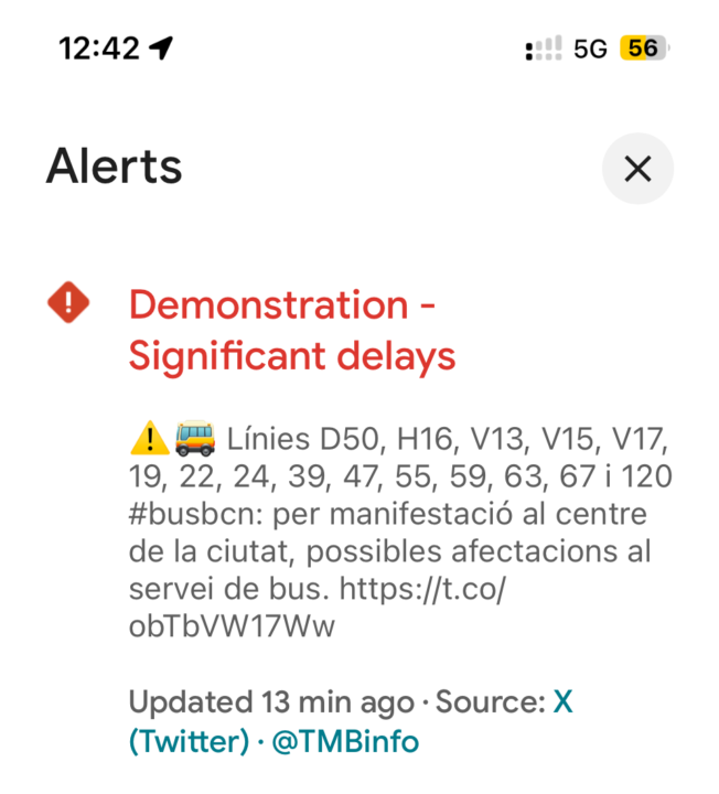 Barcelona bus alert - Demonstration - Significant delays to several routes