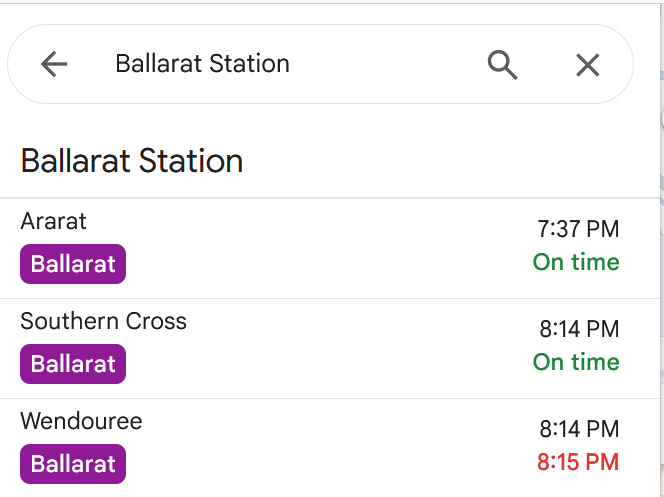 Realtime train departure info for Ballarat station