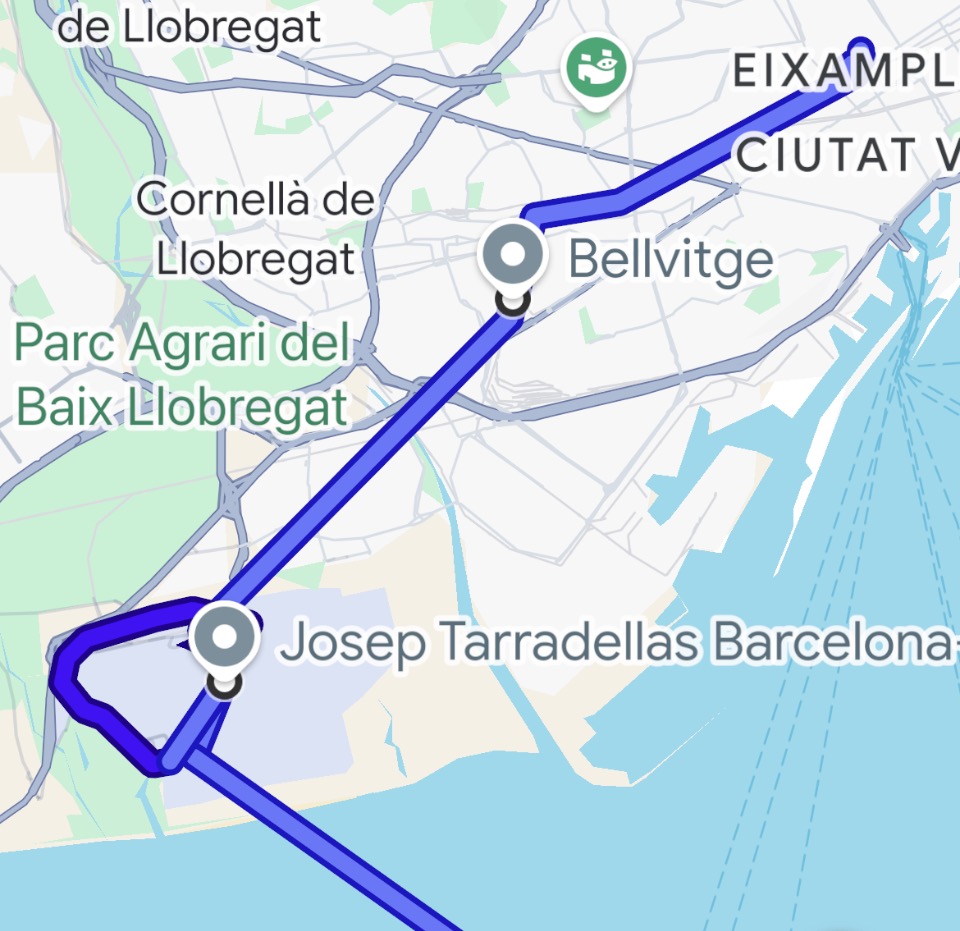 Travelling from Barcelona city centre to the airport terminal 1, via terminal 2