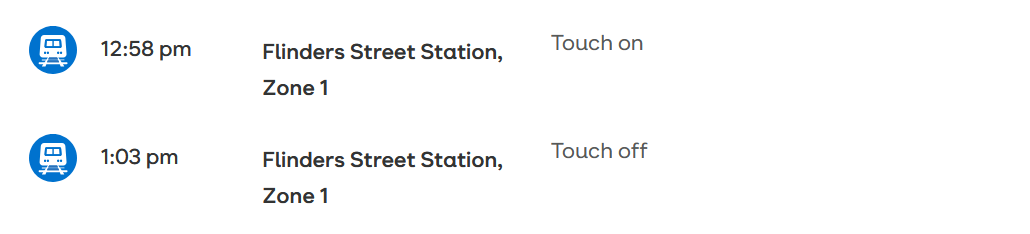 Touch on at Flinders Street, touch off 5 minutes later, no charge