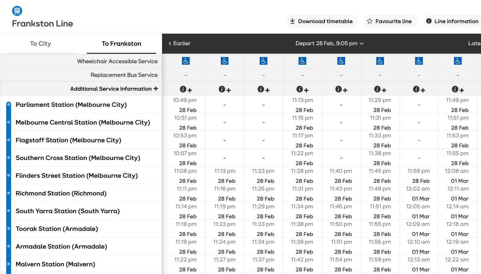 Frankston line timetable for the evening of 28/2/2026