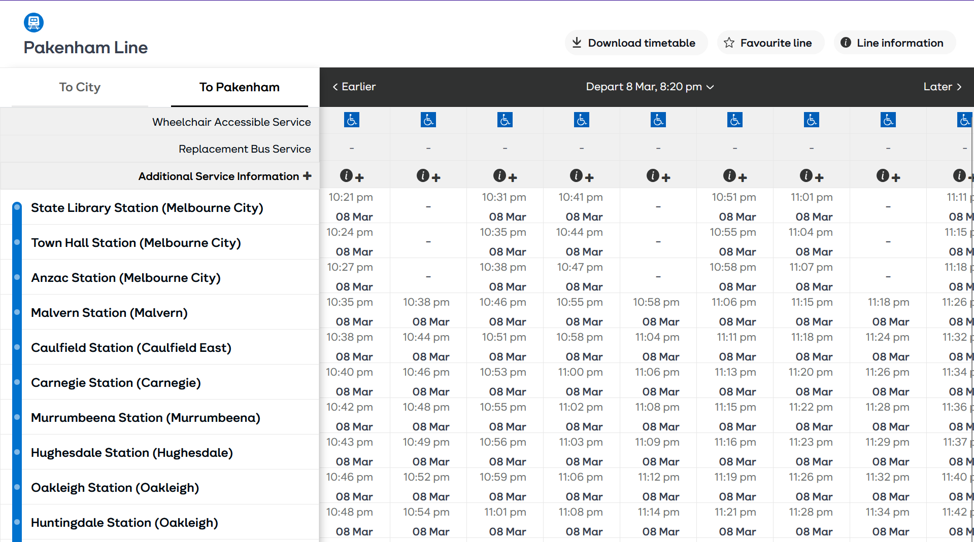 Cranbourne/Pakenham line trains outbound on evening of Sunday 8th March